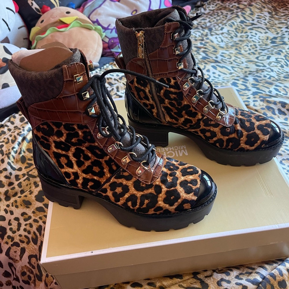 Michael Kors Leopard and Black Combat Boots NEW